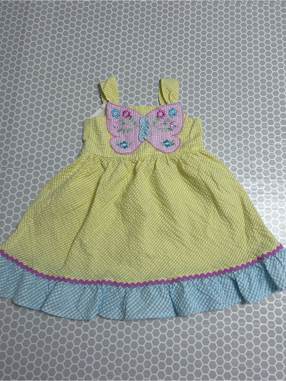Blueberi Boulevard Butter Yellow Gingham Pink Butterfly and Blue Ruffle. Size 3T